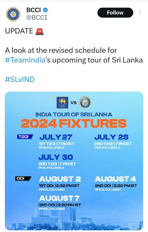 India and Sri Lanka Cricket Series Schedule